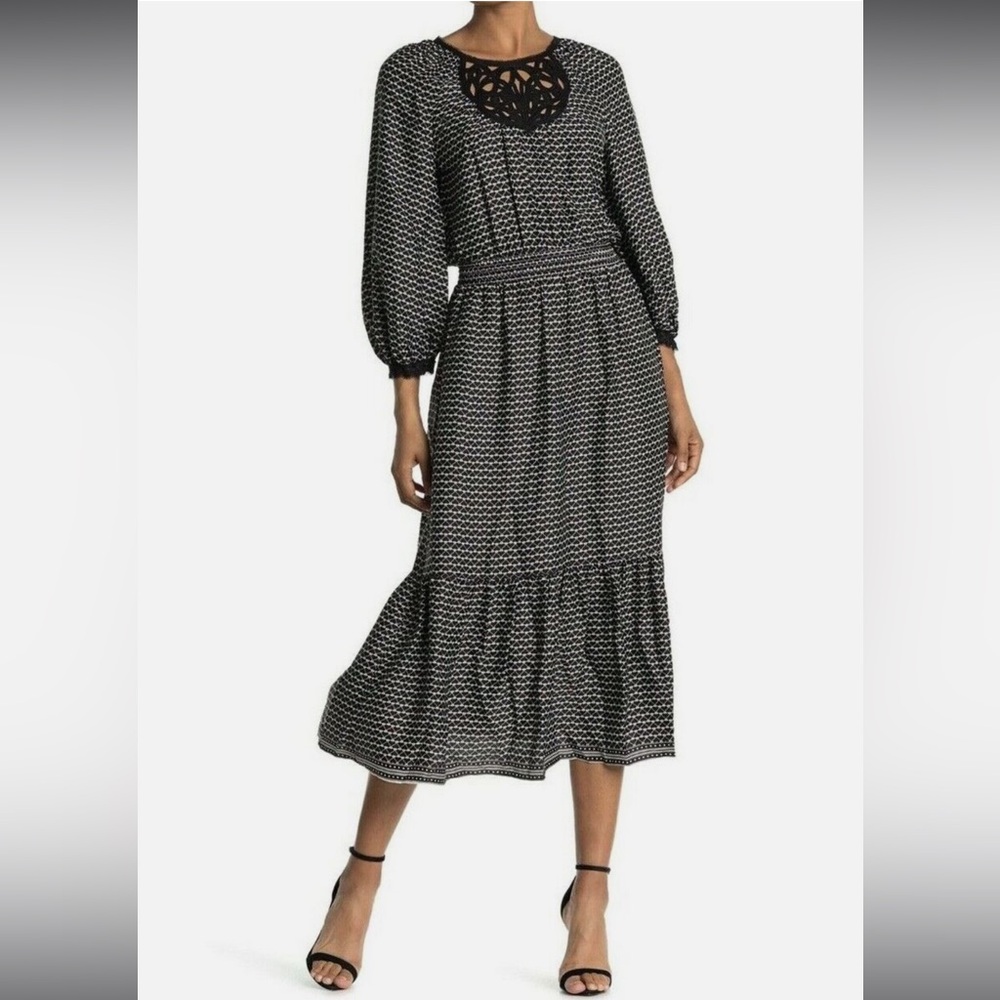 NWT Max Studio Printed Flounce Hem‎ Maxi Dress Black / White Heart Sz Small $158